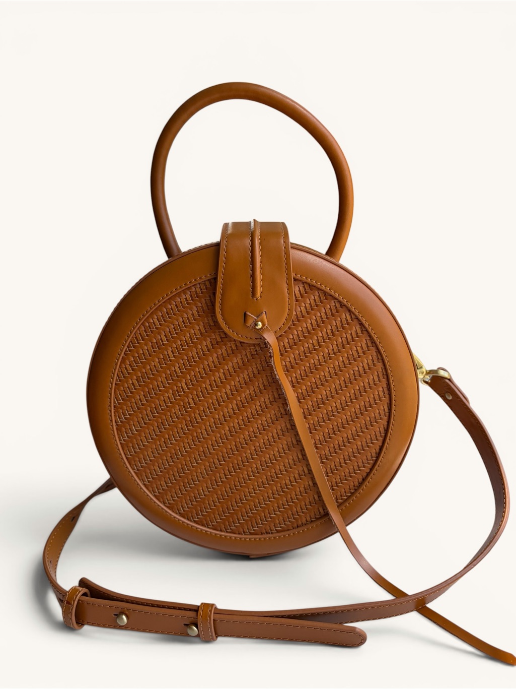 Round Woven Canteen Crossbody Bag In Tan - Leather